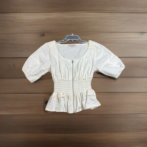 Allsaints Elektra Zip Front Top Women's Size 6‎ Puff Sleeve Smocked Waist White